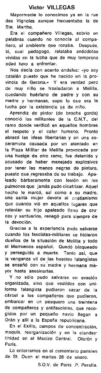 Necrol&ograve;gica de V&iacute;ctor Villegas Navarro apareguda en el peri&ograve;dic tolos&agrave; "Cenit" del 18 de mar&ccedil; de 1986