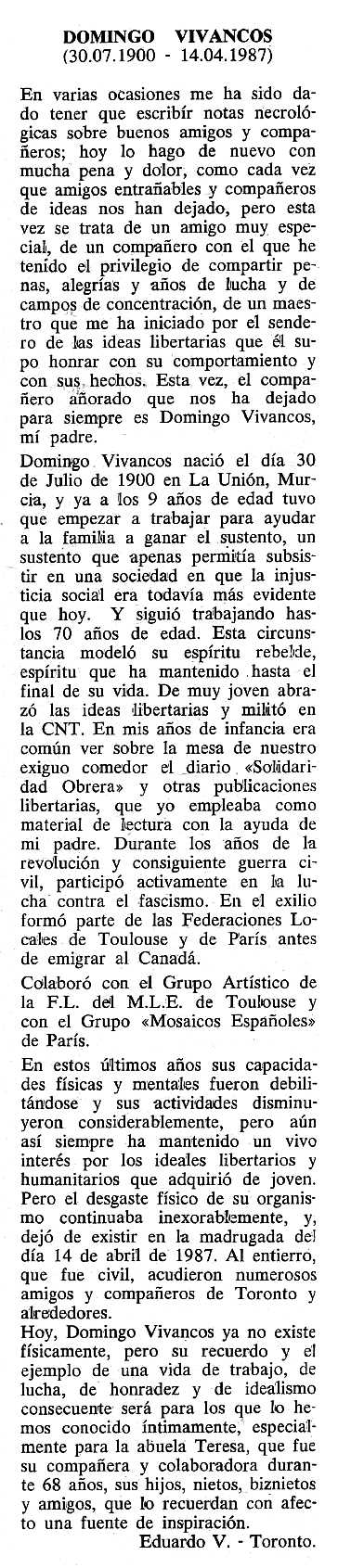 Necrològica de Domingo Vivancos apareguda en el periòdic tolosà "Cenit" del 20 d'octubre de 1987