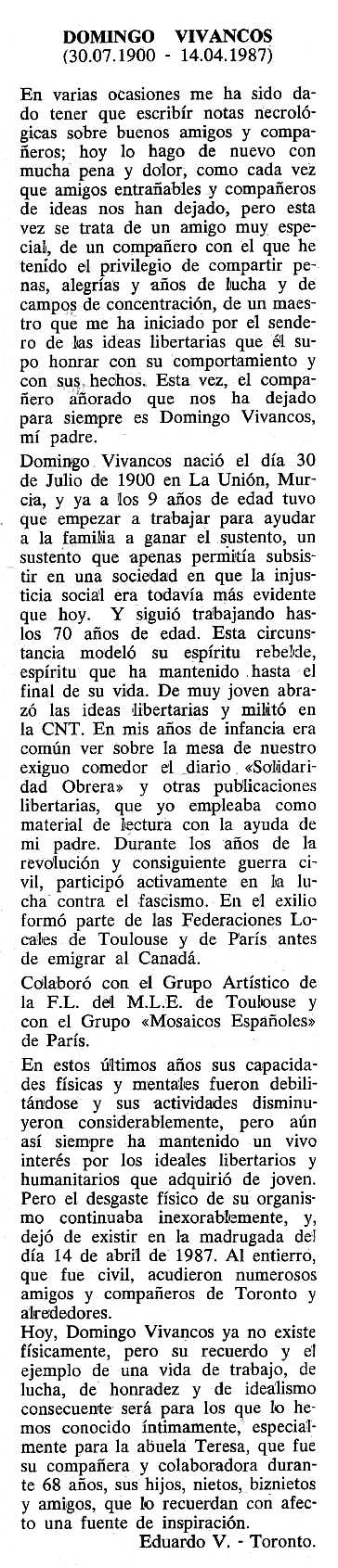 Necrol&ograve;gica de Domingo Vivancos apareguda en el peri&ograve;dic tolos&agrave; "Cenit" del 20 d'octubre de 1987