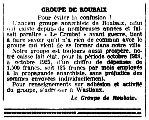 Notícia orgànica de Lucien Wastiaux apareguda en el periòdic parisenc "Le Libertaire" del 16 d'octubre de 1925